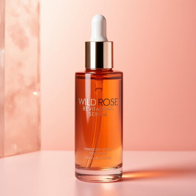 Elegant amber glass bottle of Wild Rose Revitalising Serum.